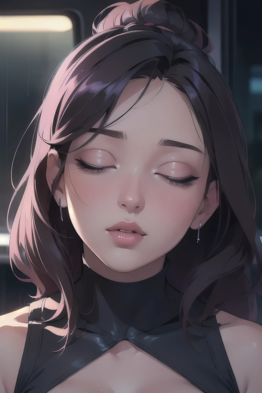 (best quality,highres),ultra-detailed,realistic,portrait,painting,sexy woman,seductive eyes,beautiful face,cleavage,bending forward,car window,night time,raining,long eyelashes,beautiful detailed lips,seductively gazing,capturing viewer's attention,posture exudes confidence and allure,raindrops on the car window,add touch of mystery and sensuality,lighting creates moody atmosphere,woman's beauty,enhancing overall seductive vibe