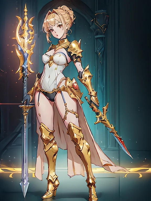 Design a layout showcase Gaming character, ((1girl)), sorcerer:1.2, Golden+Purle clothes, stylish and unique, ((showcase weapon:1.4)), magic staff, (masterpiece:1.2), (best quality), 4k, ultra-detailed, (Step by step design, layout art:1.5), (luminous lighting, atmospheric lighting), Final Fantasy style, magican, ((glove full hands)), fran, viera, (((revealing clothes:1.3))), vambraces, armored legwear, (((full_body_shot:1.4))), Niji, back_view, T_pose