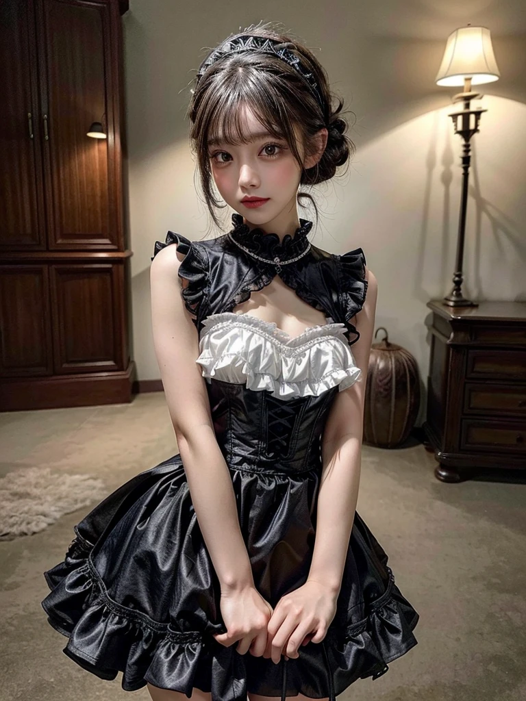 (8K, Photorealistic, Raw photo, of the highest quality: 1.3), (1girl in), Super beautiful, (Realistic face), (boyish, Silver Color Berry Shorthair), Beautiful , Glare that captivates the viewer, Beautiful expression, Beautiful , (Realistic skin), Be...Super high quality, super high definition, super detailed, masterpiece, 20years old, female, cute, perfect face, beautiful, nice body, gothic lolita s, gothic lolita fashiolly skirt, headdress, necklace, bracelet, knee-high socks, boots, double eyelids, tear bags, Detailed down to the fingers, photo-like description, indoors, dim indoor lighting, black hair, short bob, standing, whole body, composition that shows the whole body, smiling
