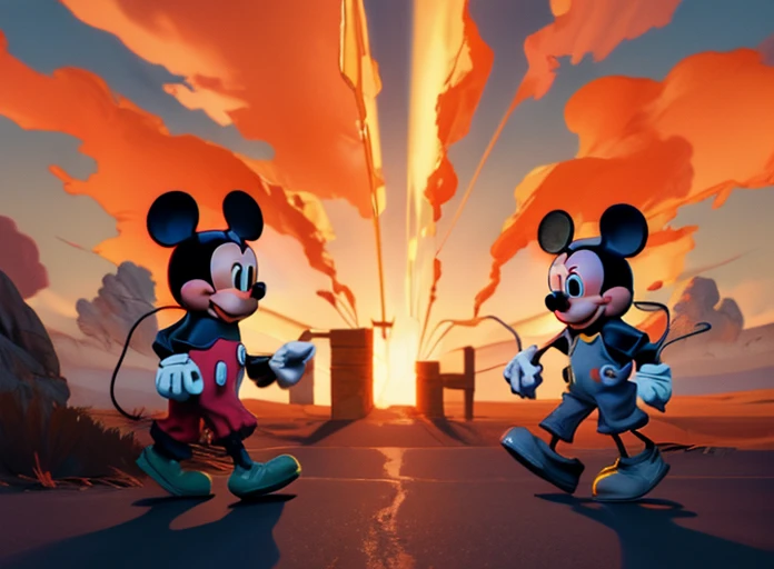 Mickey Mouse smoking Cigarettes walking in Road in Desert 