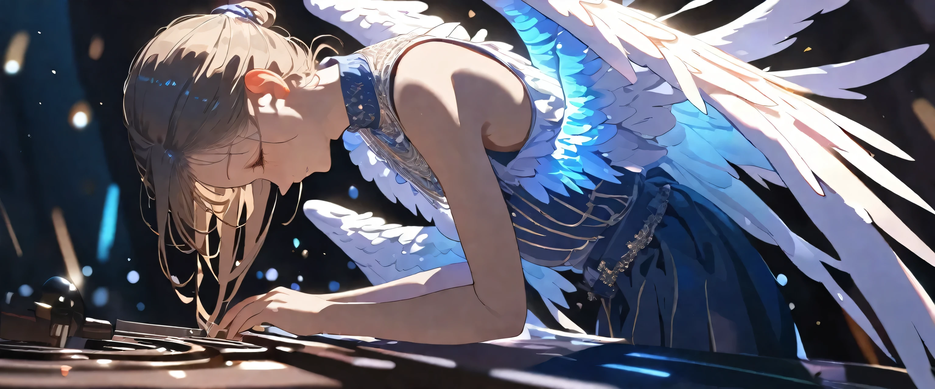 (masterpiece:0.9), highest quality, (figure, so beautiful:0.95), (Super detailed), Intricate details, Dynamic Angle, alone, One girl, From the side, (Look Down, Look down:1.2), Angels, White Wings, shiny plumage, (Cinema Lighting, Ray Tracing), [(Black background:1.2)::0.2], (Silent Background:1.2), 