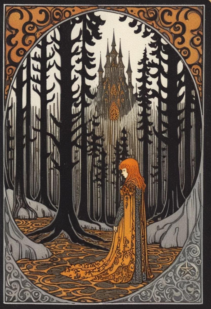 Dark Forest, dark amber and gray, ephemeral patterns, witchcore, cloisonnism, eleanor vere boyle, Ivan Bilibin Style page, lks73zb1, Inkdrawing, by Kr355e