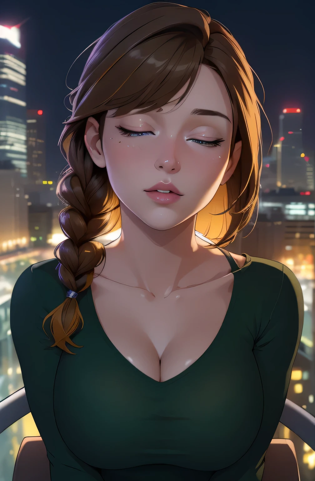 (best quality,4k,8k,highres,masterpiece:1.2),ultra-detailed,(realistic,photorealistic,photo-realistic:1.37),portrait,night scene,skyscraper,modern apartment,city view,sexy woman,green shirt,long sleeves,cleavage,collarbone,glasses,brown hair,purple eyes,single braid,yellow hair ornament,young female,beautiful fingers,long legs,beautiful body,beautiful nose,character design,perfect eyes,perfect face,expressive eyes,looking at viewer,center of the image,upper body,focusing on her face,large breasts,narrow waist,city night time,amazing,evening,fantasy,neon lights,dramatic shadows,vibrant colors,reflections,ambient lighting,moody atmosphere.