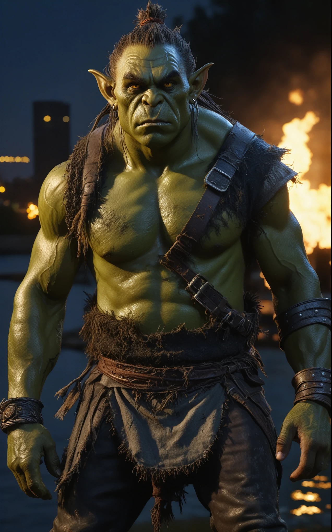 heght view,full body length shot,battle-seasoned orc ,mulatto,lake in flame, elf, messy hair,urban,extremely detailed,night,masterpiece,intricate details,faded,eyes extremely detailed,high detailed eyes,4k resolution,RAW, walking dead,masterpiece,intricate details,faded,eyes extremely detailed, high detailed eyes,4k resolution,RAW, Nikon Z9,view from first face