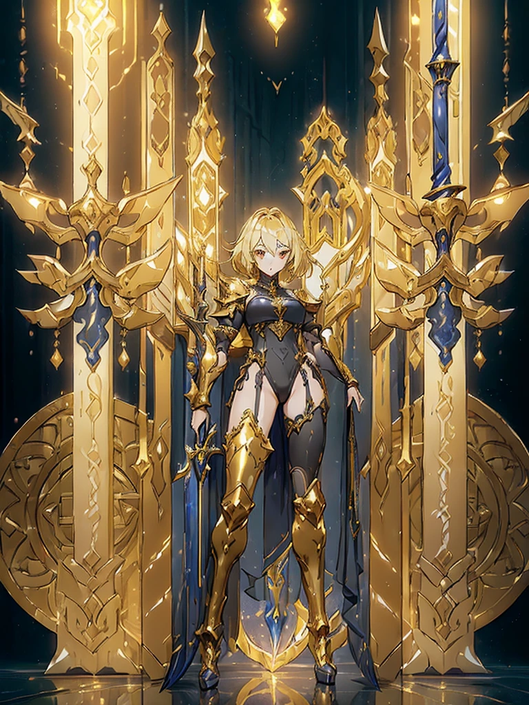Design a layout showcase Gaming character, ((1girl)), sorcerer:1.2, Golden+Purle clothes, stylish and unique, ((showcase weapon:1.4)), magic staff, (masterpiece:1.2), (best quality), 4k, ultra-detailed, (Step by step design, layout art:1.5), (luminous lighting, atmospheric lighting), Final Fantasy style, magican, ((glove full hands)), fran, viera, (((revealing clothes:1.3))), vambraces, armored legwear, (((full_body_shot:1.4))), Niji, back_view, T_pose