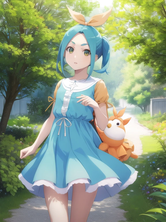 1 chica, solo, looking at eniewer,
ononokiyotsugi, pelo aguamarina, cabello corto, ojos verdes, dos colas, cejas gruesas, 
pantimedias a rayas, pantimedias azules y grises, vestido, orange vestido, cuello de tortuga blanco, volantes blancos, tiene, puffy sleeenes, short sleeenes, 
garden, trees, de cerca,
en, Signo de la paz, 
inexpresivo, boca cerrada,
