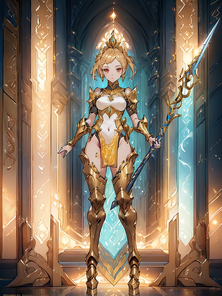 Design a layout showcase Gaming character, ((1girl)), sorcerer:1.2, Golden+Purle clothes, stylish and unique, ((showcase weapon:1.4)), magic staff, (masterpiece:1.2), (best quality), 4k, ultra-detailed, (Step by step design, layout art:1.5), (luminous lighting, atmospheric lighting), Final Fantasy style, magican, ((glove full hands)), fran, viera, (((revealing clothes:1.3))), vambraces, armored legwear, (((full_body_shot:1.4))), Niji, back_view, T_pose