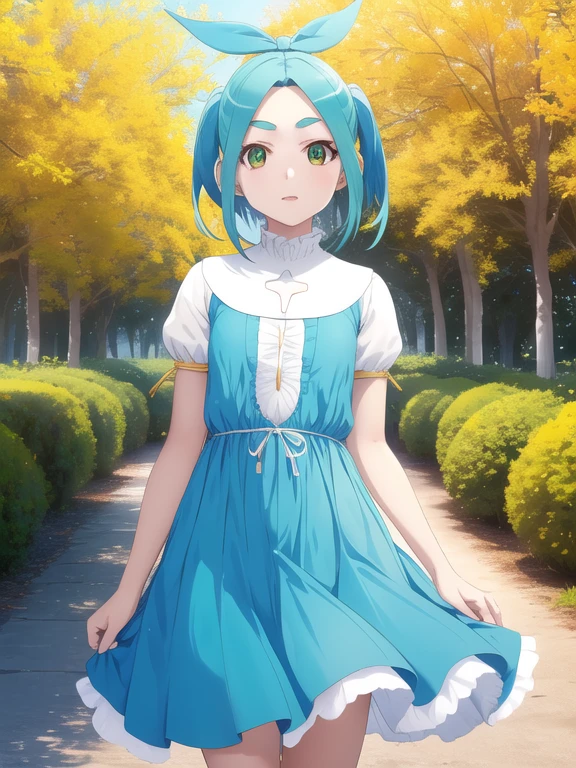1 chica, solo, mirando al espectador,
ononokiyotsugi, pelo aguamarina, cabello corto, ojos verdes, dos colas, cejas gruesas, 
pantimedias a rayas, pantimedias azules y grises, vestido, orange vestido, cuello de tortuga blanco, volantes blancos, tiene, mangas hinchadas, mangas cortas, 
garden, trees, tiro de vaquero,
arms behind the back, 
inexpresivo, boca cerrada,