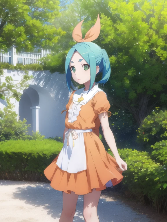 1 chica, solo, mirando al espectador,
ononokiyotsugi, pelo aguamarina, cabello corto, ojos verdes, dos colas, cejas gruesas,
pantimedias a rayas, pantimedias azules y grises, vestido, orange vestido, cuello de tortuga blanco, volantes blancos, tiene, mangas hinchadas, mangas cortas,
garden, trees, tiro de vaquero,
arms behind the back,
inexpresivo, boca cerrada,