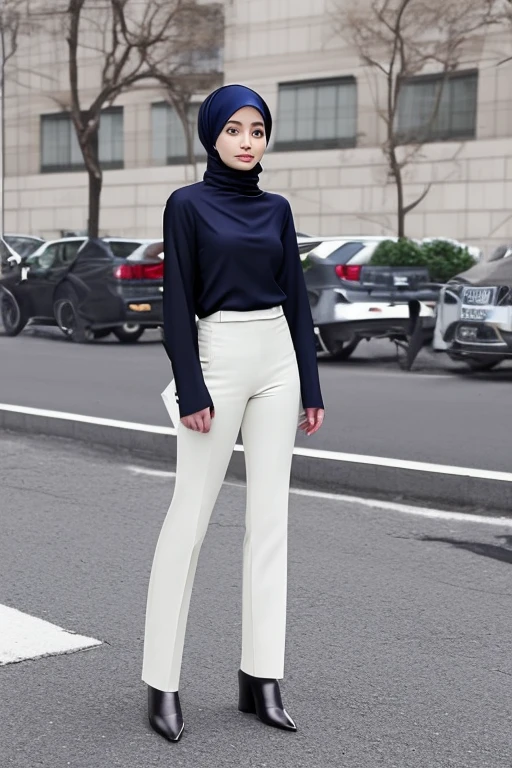Woman hijab blouse turtleneck & James shoes