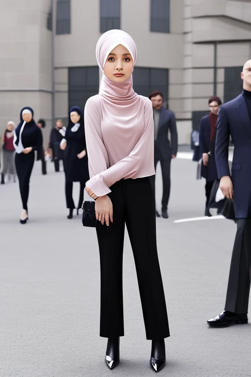 Woman hijab blouse turtleneck & James shoes