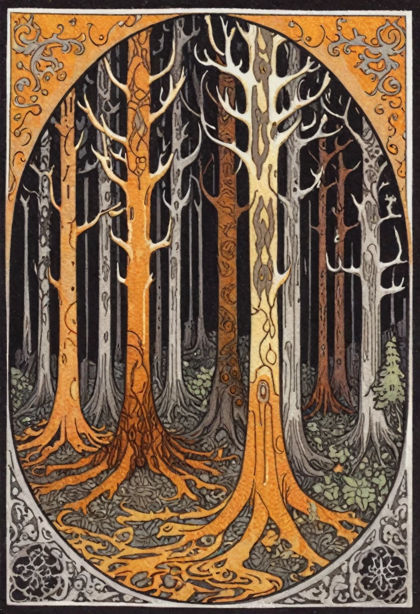 Dark Forest, dark amber and gray, ephemeral patterns, witchcore, cloisonnism, eleanor vere boyle, Ivan Bilibin Style page, lks73zb1, Inkdrawing, by Kr355e