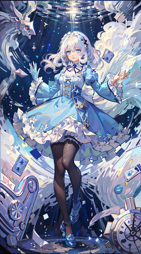 (Beautiful Detailed Eyes), Movie Lighting, White Hair, Blue Eyes, Long Blonde Hair, Curly Hair, Roman Curls, Puff Sleeves, Frills, Glowing Eyes, (Illuminated Particles), Cloudy Wrapper, Alice in Wonderland, Blue Eyes, Light Blue Dress, Cane, Dramatic Composition, Extreme Detail, High Resolution, Mr. Rabbit, White Rabbit, Pocket Watch, Playing Cards Flying in the Air, Lolita Dress, Blue and White Striped Stockings, Bow, Look at the Camera, Socks with Frills, Pearl Necklace, Lace Gloves, Large Bow Headdress, Ribbon, Jumping, falling, levitating, cloudy, starry, dreamy