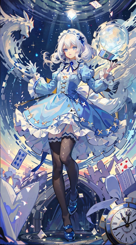 (Beautiful Detailed Eyes), Movie Lighting, White Hair, Blue Eyes, Long Blonde Hair, Curly Hair, Roman Curls, Puff Sleeves, Frills, Glowing Eyes, (Illuminated Particles), Cloudy Wrapper, Alice in Wonderland, Blue Eyes, Light Blue Dress, Cane, Dramatic Composition, Extreme Detail, High Resolution, Mr. Rabbit, White Rabbit, Pocket Watch, Playing Cards Flying in the Air, Lolita Dress, Blue and White Striped Stockings, Bow, Look at the Camera, Socks with Frills, Pearl Necklace, Lace Gloves, Large Bow Headdress, Ribbon, Jumping, falling, levitating, cloudy, starry, dreamy