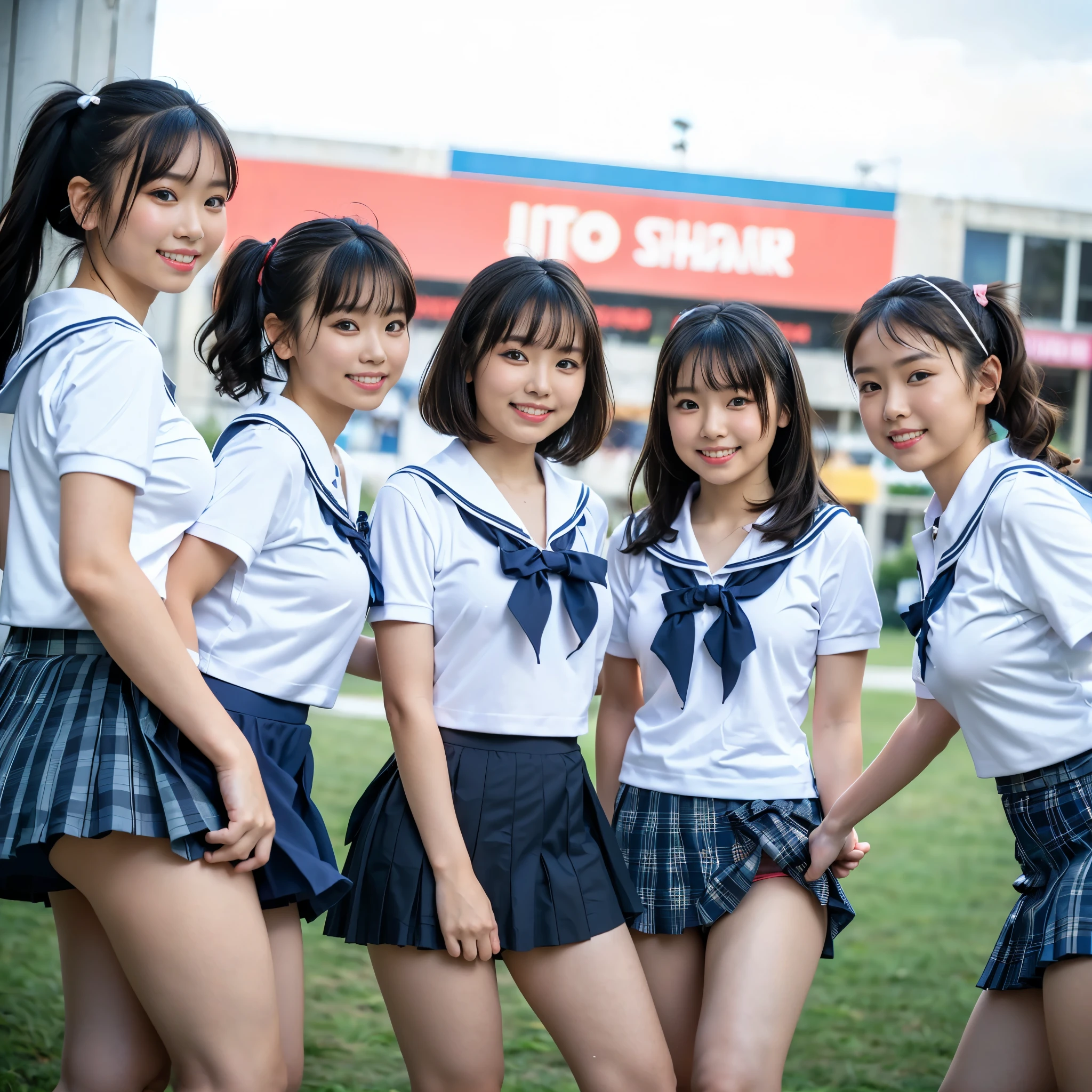 (8k、Raw photography、highest quality、masterpiece:1.2),(Black Hair:1.5),(Mr....々Cute hairstyle、Bobcut、Very short hair、ponytail、Twin tails:1.4),(6 high school girls、The girls are all very beautiful:1.6)、(school uniform、Polo shirt、Check skirt: 1.6)、(Clothing that emphasizes the shape of your chest、Big Breasts:1.6)、(Group attendance at school:1.4)、Ultra-high resolution,(grassland:1.3)、(Japanese women: 1.2),(reality的:1.37)、Photon Mapping,reality、(everyone is so cute, Like an idol: 1.7)、(Cute Smile: 1.7)、(Round face: 1.8)、(Baby Face: 1.2)、Radio City、Physically Based Rendering、Depth of field rally background、photograph, (Wearing a skirt that is too short: 2.0)、(Ultra mini skirt、Her skirt is short、White panties are visible..:1.4),(Everyone is wearing very short skirts、Angle from below、Your thighs are beautiful: 1.5)、whole body、Great quality