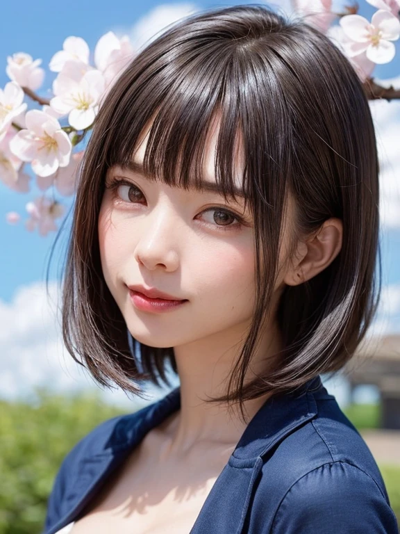 (software:1.8、masterpiece, highest quality),1 girl, alone, hyper Realistic, Realistic,Realistic, Looking at the audience, Light brown eyes:1.4,Brunette Short Bob Hair with highly detailed shiny hair, Japanese style kimono:1.8, Lepangas:1.4), Mouth closed, Upper Body、big chest eye、eyelash、{Huge|big chest|Hugeな|Mega} whole :2, Chest cleavage:2、(((Add highlights to the eyes:1.4、big chest eye、Short Bob Hair、Glowing Skin:1.4、Looking at the audience、She is very 美しい and cute、Show me your ears、Beautiful long neck:1.8、smile、Close your mouth and smile、Bangs and beautiful teeth)))、Ideal body type、((Very beautiful blue sky with clouds and beautiful cherry blossom background:2、Beautiful scenery with clear blue sky and floating clouds:2、A very beautiful deep blue sky and vibrant cherry blossoms in the background:2))、Beautiful long neck:1.6、(({Huge|big|Huge|Mega} chest, Chest cleavage:2))、(((Beautiful Bangs:2、Portraiture:2、Face close-up:2、Face close-up:2)))、Perfect Anatomy