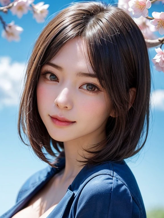 (software:1.8、masterpiece, highest quality),1 girl, alone, hyper Realistic, Realistic,Realistic, Looking at the audience, Light brown eyes:1.4,Brunette Short Bob Hair with highly detailed shiny hair, Japanese style kimono:1.8, Lepangas:1.4), Mouth closed, Upper Body、big chest eye、eyelash、{Huge|big chest|Hugeな|Mega} whole :2, Chest cleavage:2、(((Add highlights to the eyes:1.4、big chest eye、Short Bob Hair、Glowing Skin:1.4、Looking at the audience、She is very 美しい and cute、Show me your ears、Beautiful long neck:1.8、smile、Close your mouth and smile、Bangs and beautiful teeth)))、Ideal body type、((Very beautiful blue sky with clouds and beautiful cherry blossom background:2、Beautiful scenery with clear blue sky and floating clouds:2、A very beautiful deep blue sky and vibrant cherry blossoms in the background:2))、Beautiful long neck:1.6、(({Huge|big|Huge|Mega} chest, Chest cleavage:2))、(((Beautiful Bangs:2、Portraiture:2、Face close-up:2、Face close-up:2)))、Perfect Anatomy