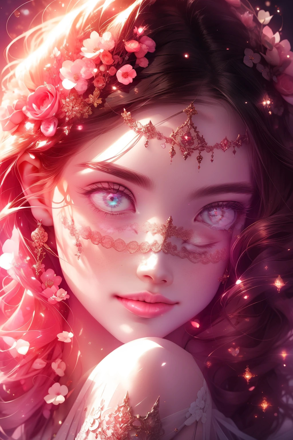 (This is a beautiful, intricate, (romatic) fantasy image that emphasizes beauty and grace.) Generate a blind curvy woman with soft natural freckles. Her face is important and should be (perfectly formed) with (beautiful puffy lips) and (perfect features). There is a cute freckle birthmark on her lip. The image exudes ethereal beauty and soft fantasy, with shimmering shades of pink throughout. Surround her with eternal roses in shimmering shades. Ensure perfection in her face, hair, and eyes. Include sweet and detailed birds and soft, luminous flowers and detailed roses. Utilize dynamic composition and dramatic lighting and cinematic lighting to create an interesting fantasy image. The background of the image is interesting and ultra-detailed, with soft fantasy lighting and gradients. Include fantasy details, cute aura, colorful, colourful, and interesting magical background. The image's background is decorated in shades of pink, shimmer, glitter, and fantasy details like colored bubbles and cosmos. Include subtle freckles, natural freckles and a diffused realistic skin tone. Incorporate elements of high fantasy, whimsy, and detailed elegance. English rose, princess, courtesan, noblewoman, sweet, lovely, calm, lovely, shimmering, glimmering, glittering, astrological fantasy, (((masterpiece))), (highest quality), magic rose, fantasy garden, beautiful face, perfect face, puffy lips, interesting, shy smile, fantasy elements, magic rose, beautiful eyes, perfect puffy lips, jewel tones, luminosity. Taken with a canon camera.