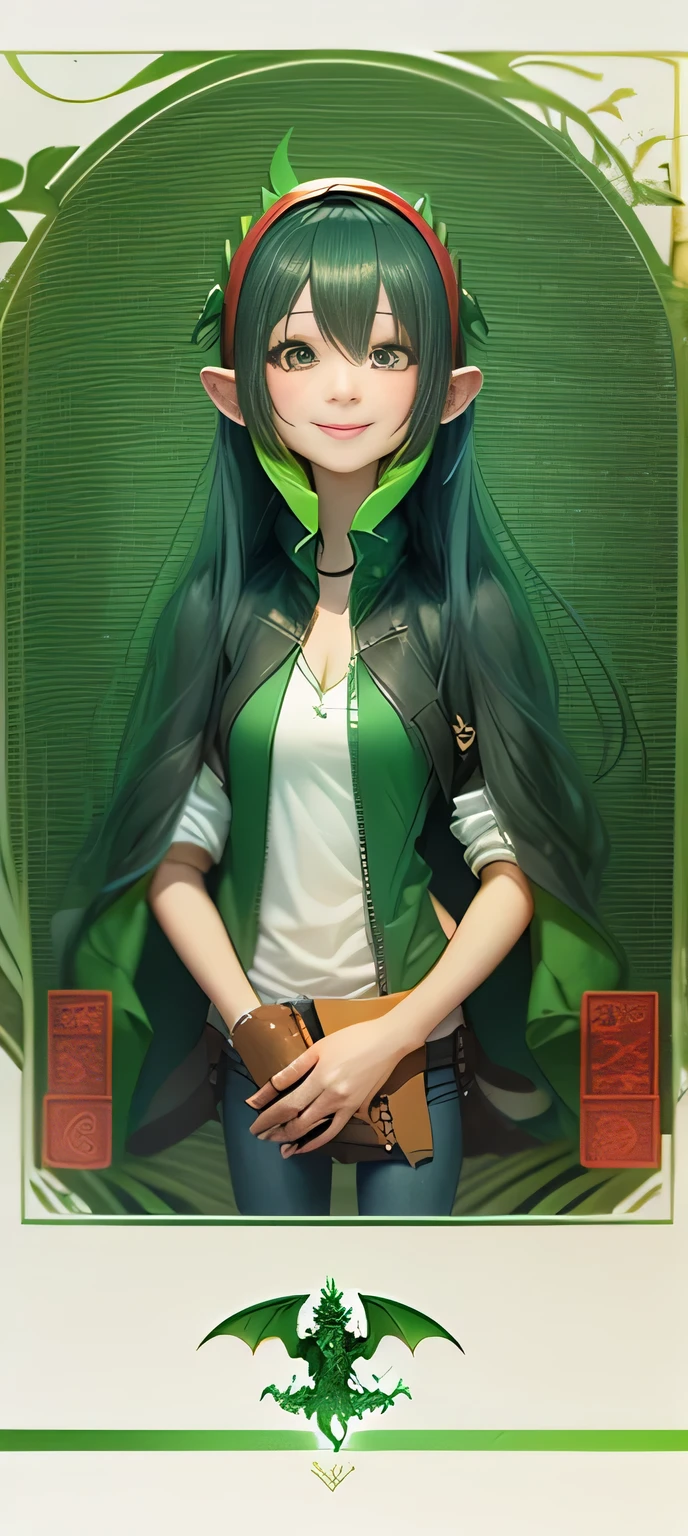 A red and green dragon, 1 dragon, dragon girl, jeans and jacket, cute dragon girl, smile