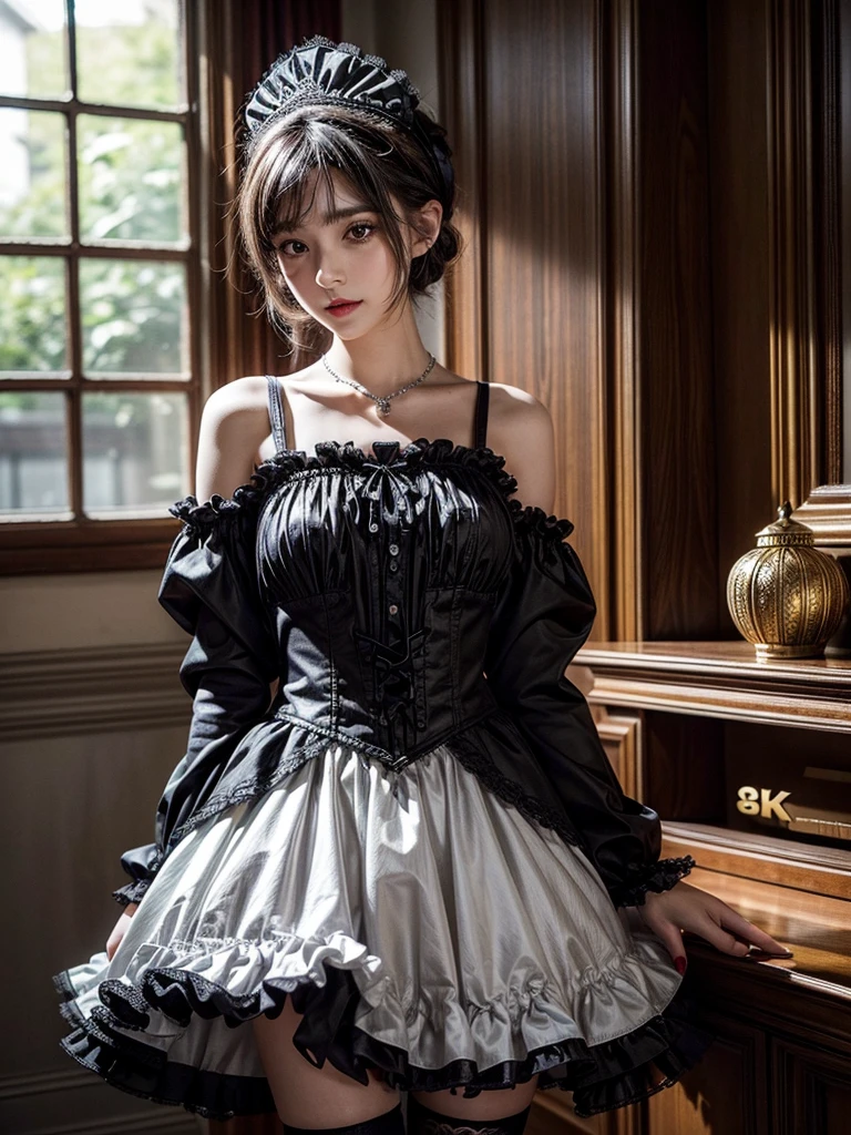 (8K, Photorealistic, Raw photo, of the highest quality: 1.3), (1girl in), Super beautiful, (Realistic face), (boyish, Silver Color Berry Shorthair), Beautiful , Glare that captivates the viewer, Beautiful expression, Beautiful breasts, (Realistic skin), Be...Super high quality, super high definition, super detailed, masterpiece, 20years old, female, cute, perfect face, beautiful, nice body, gothic lolita clothes, gothic lolita fashion, frilly skirt, headdress, necklace, bracelet, knee-high socks, boots, double eyelids, tear bags, Detailed down to the fingers, photo-like description, indoors, dim indoor lighting, black hair, short bob, standing, whole body, composition that shows the whole body, smiling