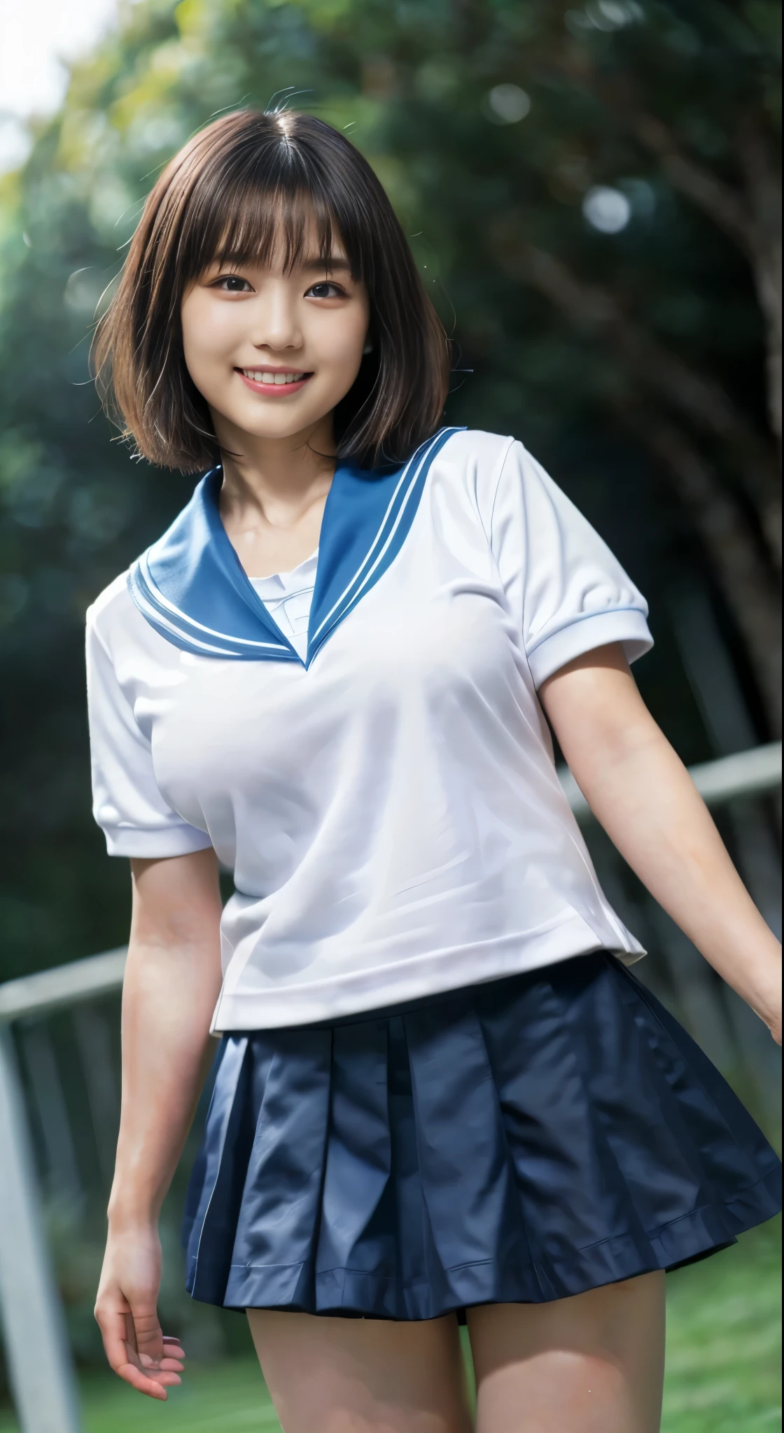masterpiece, highest quality, Complete Anatomy、RAW Photos, Realistic、(Cute face:1.7)、(Very cute smile:1.6)、(round face:1.9)、(Baby Face:1.6)、(Very cute face like an idol:1.8), Black-haired、Written boundary depth, High resolution, Very detailed, Very detailed目と顔, Realistic student, Sharp focus, Cinema Lighting、(Clothing that emphasizes the bulge of the chest:1.6)、 (Large Breasts:1.7)、19 year old woman、One Woman、 (Very Short Hair:1.8)、 (Japanese high school girls、school uniform:1.5)、Very detailed8k壁紙、(Pleated skirt that is too short:1.8)、(Pull up the hem of your skirt with both hands、Show white panties to the camera:1.6)、(whole body:1.5)、Are standing、Angle from below、(Thighs close up:1.8)、Written boundary depth、Background Blur