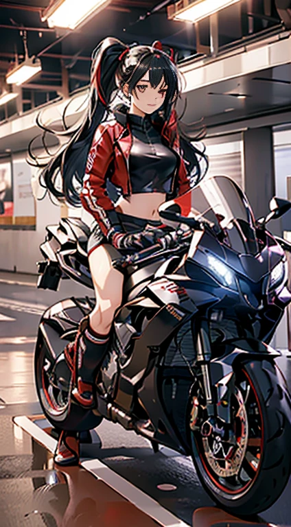 (Best Quality,4K,High resolution), high-level image quality、High quality pixels、Resolution up、Female rider riding motorcycle on national highway、Intricately decorated red rider jacket、Navel Ejection、Tight leather pants、cross belt、Long hair with red highlights on black hair、Drift Metallic Red Bike、Expresses a sense of speed and dynamism、Realistic depiction with delicate details、sharp eye、Full body projection