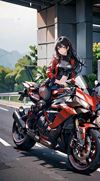 (Best Quality,4K,High resolution), high-level image quality、High quality pixels、Resolution up、Female rider riding motorcycle on national highway、Intricately decorated red rider jacket、Navel Ejection、Tight leather pants、cross belt、Long hair with red highlights on black hair、Drift Metallic Red Bike、Expresses a sense of speed and dynamism、Realistic depiction with delicate details、sharp eye、Full body projection