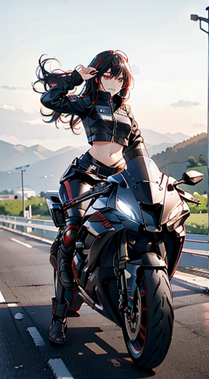 (Best Quality,4K,High resolution), high-level image quality、High quality pixels、Resolution up、Female rider riding motorcycle on national highway、Intricately decorated red rider jacket、Navel Ejection、Tight leather pants、cross belt、Long hair with red highlights on black hair、Drift Metallic Red Bike、Expresses a sense of speed and dynamism、Realistic depiction with delicate details、sharp eye、Full body projection