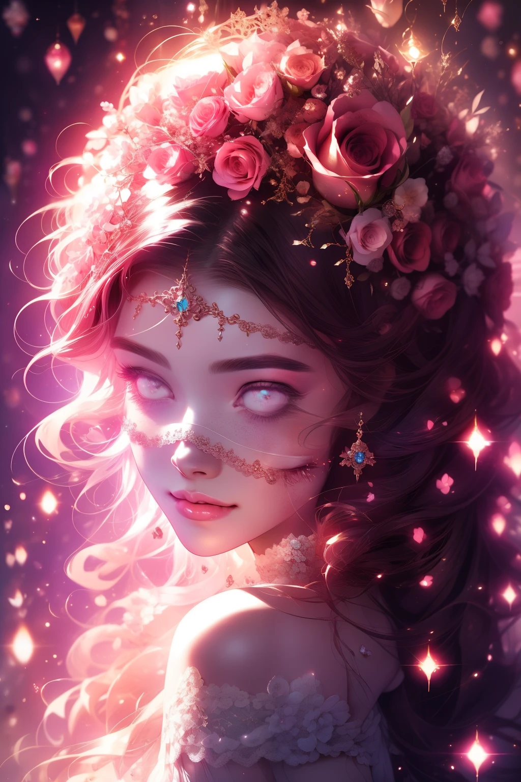 (This is a beautiful, intricate, (romatic) fantasy image that emphasizes beauty and grace.) Generate a blind curvy woman with soft natural freckles. Her face is important and should be (perfectly formed) with (beautiful puffy lips) and (perfect features). There is a cute freckle birthmark on her lip. The image exudes ethereal beauty and soft fantasy, with shimmering shades of pink throughout. Surround her with eternal roses in shimmering shades. Ensure perfection in her face, hair, and eyes. Include sweet and detailed birds and soft, luminous flowers and detailed roses. Utilize dynamic composition and dramatic lighting and cinematic lighting to create an interesting fantasy image. The background of the image is interesting and ultra-detailed, with soft fantasy lighting and gradients. Include fantasy details, cute aura, colorful, colourful, and interesting magical background. The image's background is decorated in shades of pink, shimmer, glitter, and fantasy details like colored bubbles and cosmos. Include subtle freckles, natural freckles and a diffused realistic skin tone. Incorporate elements of high fantasy, whimsy, and detailed elegance. English rose, princess, courtesan, noblewoman, sweet, lovely, calm, lovely, shimmering, glimmering, glittering, astrological fantasy, (((masterpiece))), (highest quality), magic rose, fantasy garden, beautiful face, perfect face, puffy lips, interesting, shy smile, fantasy elements, magic rose, beautiful eyes, perfect puffy lips, jewel tones, luminosity. Taken with a canon camera.