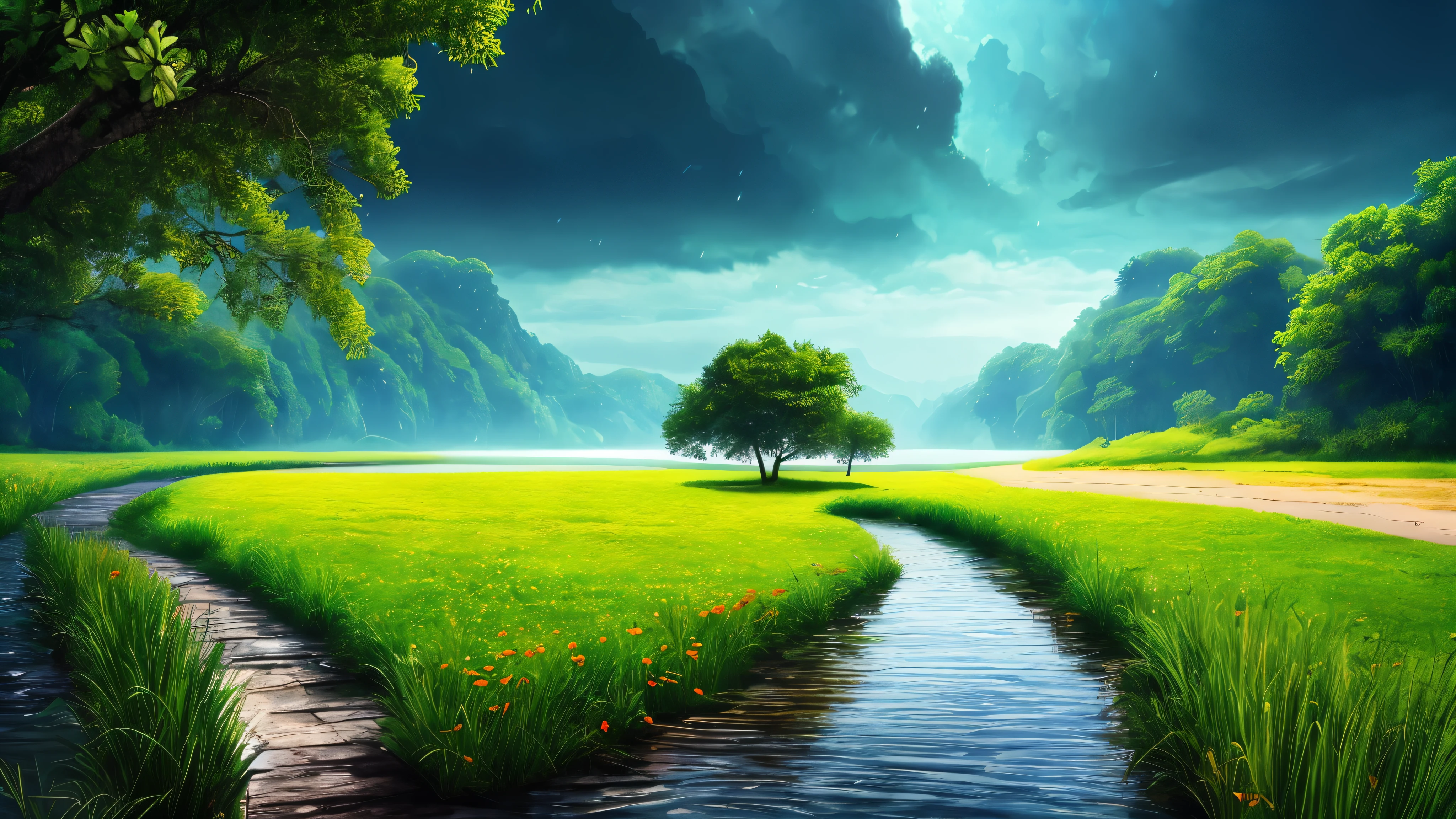 masterpiece, 最high quality, high quality, Very detailed CG unity 8k wallpaper, Vibrant colors、Colorful flowers、rain、rain、rain、an extremely colorful and pure fantasy environment, bright green grass landscape, colorful trees々々々, Shining Fruit, Bright blue flowers. The color of the river is deep blue, The air is filled with sweet exotic scents. The environment is dreamy, Award-winning photography, Bokeh, Written boundary depth, High resolution, bloom, chromatic aberration ,Realistic,Very detailed, Talked about at the art station, cgsociety Trends, Complex, Attention to detail, dramatic, art:The middle of a journey