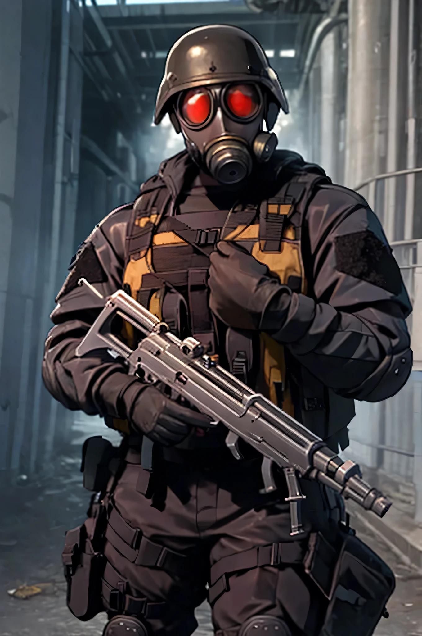 best quality, solo, mature male focus, Looking straight at the camera, HUNK, helmet, goggles, tactical gear, holding weapon, submachine gun,