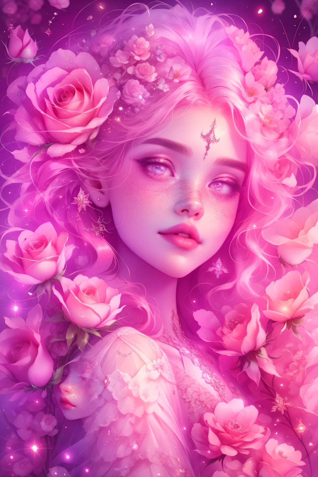 (This is a beautiful, intricate, (romatic) fantasy image that emphasizes beauty and grace.) Generate a blind curvy woman with soft natural freckles. Her face is important and should be (perfectly formed) with (beautiful puffy lips) and (perfect features). There is a cute freckle birthmark on her lip. The image exudes ethereal beauty and soft fantasy, with shimmering shades of pink throughout. Surround her with eternal roses in shimmering shades. Ensure perfection in her face, hair, and eyes. Include sweet and detailed birds and soft, luminous flowers and detailed roses. Utilize dynamic composition and dramatic lighting and cinematic lighting to create an interesting fantasy image. The background of the image is interesting and ultra-detailed, with soft fantasy lighting and gradients. Include fantasy details, cute aura, colorful, colourful, and interesting magical background. The image's background is decorated in shades of pink, shimmer, glitter, and fantasy details like colored bubbles and cosmos. Include subtle freckles, natural freckles and a diffused realistic skin tone. Incorporate elements of high fantasy, whimsy, and detailed elegance. English rose, princess, courtesan, noblewoman, sweet, lovely, calm, lovely, shimmering, glimmering, glittering, astrological fantasy, (((masterpiece))), (highest quality), magic rose, fantasy garden, beautiful face, perfect face, puffy lips, interesting, shy smile, fantasy elements, magic rose, beautiful eyes, perfect puffy lips, jewel tones, luminosity. Taken with a canon camera.