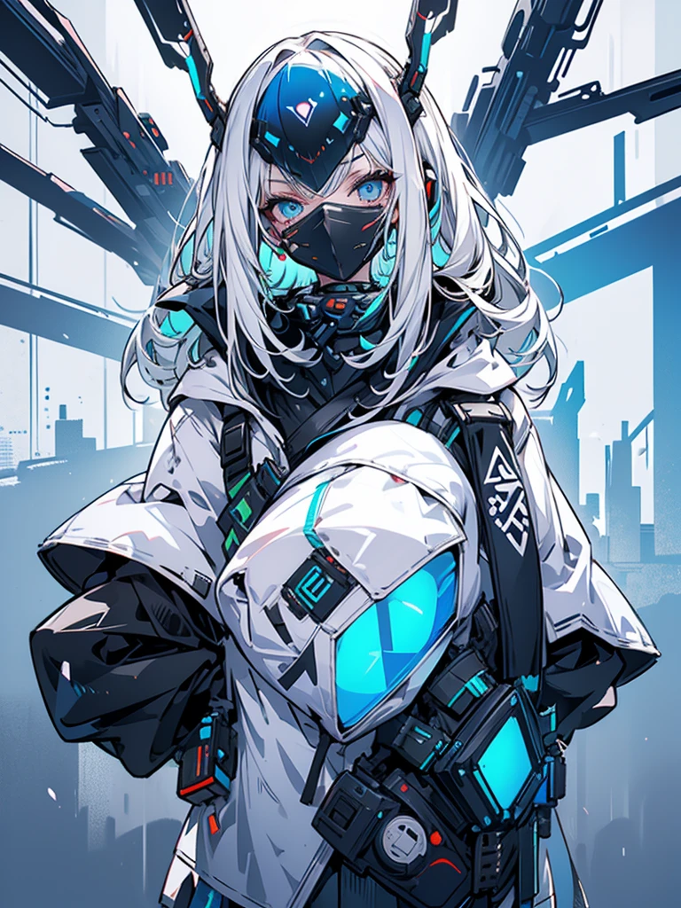 gilr alone, white hair, long hair, cabelos retos, olhos azul escuro, trajada, jaqueta tech, coxas a mostra, decote, seios pequenos, bunda grande, thick muscle coxa, (((girl equipped with technological mask and technological accessories))), tenis branco cano alto, background with cool colors neon and black, corpo inteiro,