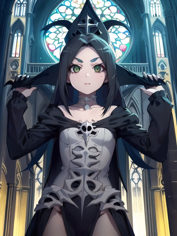 gothicpunkai, 1 chica, solo, mirando al espectador,
ononokiyotsugi, pelo aguamarina, cabello corto, ojos verdes, dos colas, cejas gruesas, inexpresivo, boca cerrada, clavicle, gargantilla,
vestido negro, gothic costume, mangas hinchadas, mangas largas, tiene, parte superior del cuerpo,
Gothic architecture, iglesia, dim lighting, light particles, antecedentes detallados,