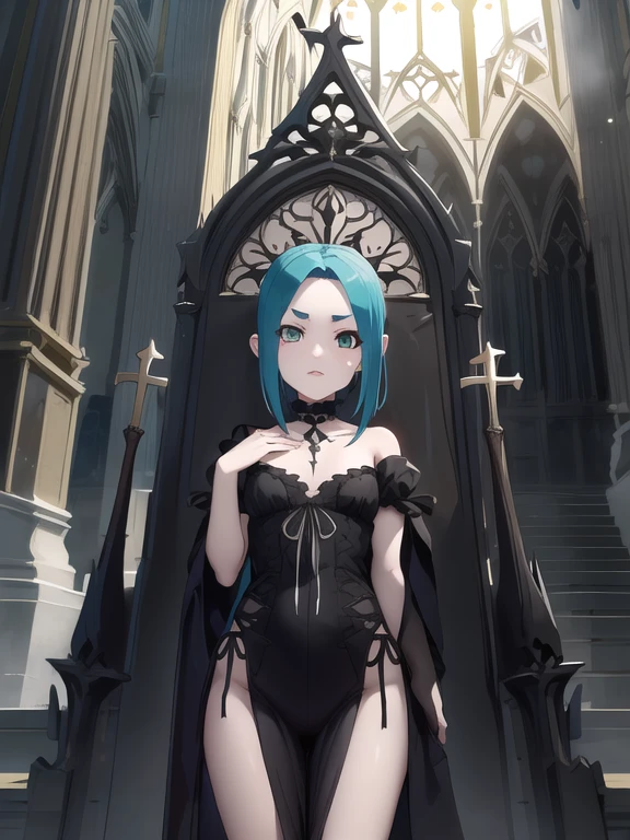 gothicpunkai, 1 chica, solo, mirando al espectador,
ononokiyotsugi, pelo aguamarina, cabello corto, ojos verdes, dos colas, cejas gruesas, inexpresivo, boca cerrada, clavicle, gargantilla,
vestido negro, gothic costume, mangas hinchadas, mangas largas, tiene, parte superior del cuerpo,
Gothic architecture, iglesia, dim lighting, light particles, antecedentes detallados,
