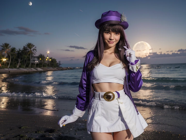 masterpiece, best quality, musse egret, purple hat, hairclip, green ribbon, purple jacket, white gloves, belt, purple miniskirt, upper body, blushing, smile, looking at viewer, beach, night, moon, fireworks, hands to chest