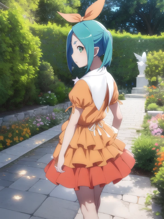 1 chica, solo, looking at eniewer,
ononokiyotsugi, pelo aguamarina, cabello corto, ojos verdes, dos colas, cejas gruesas, 
pantimedias a rayas, pantimedias azules y grises, vestido, orange vestido, cuello de tortuga blanco, volantes blancos, tiene, puffy sleeenes, short sleeenes, 
garden, trees, de cerca,
en, Signo de la paz, 
inexpresivo, boca cerrada,