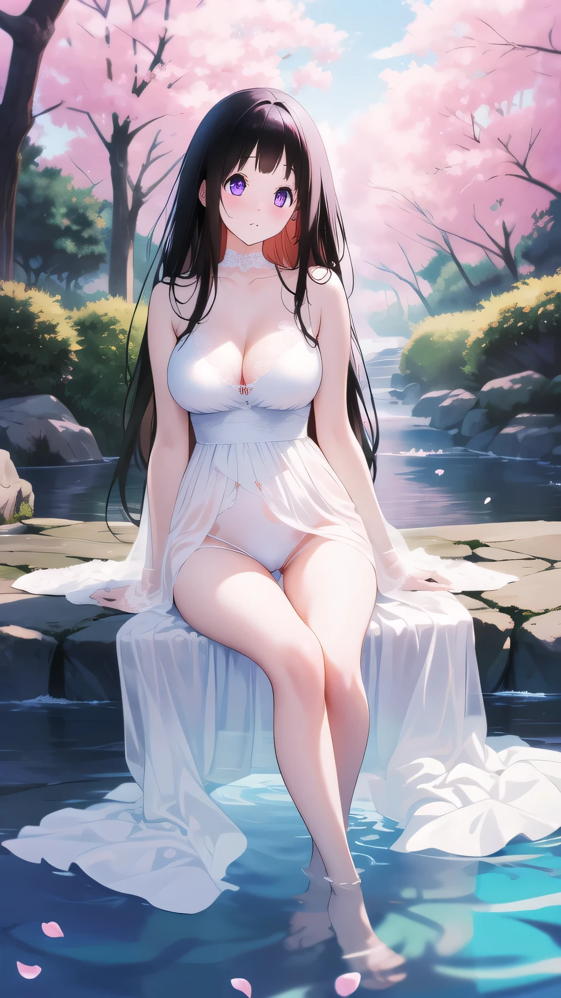Amazing Chitanda, There is only one beautiful girl，Purple Eyes, Black Hair, Very red face，Very white skin，Glowing skin，Skin as delicate as porcelain，Naturally straight hair, Straight bangs，Extremely refined，Open lips，Long flowing hair，Beautiful Girl, Like a dream，Slim，Slim waist，Soft, (Sensual), (Kawaii), Dream quality，Beautiful big breasts，Areola，Completely naked，Wearing a transparent wedding dress，Deep V neckline，Loose neckline，Wide neckline，In the pool，Sitting on the shore，Bend your body，Light transmission，Under the cherry trees，no pants，pussy juice，Bare shoulders，Bare neck，Exposed collarbone，Exposing breasts，Exposing breasts side，Show your waist，Show your buttocks，Show your thighs，Exposing the groin，No pants，extremely shy，Ultra-high resolution, (masterpiece:1.2, best quality), (Delicate and beautiful eyes: 1.2), (Beautiful and delicate face)