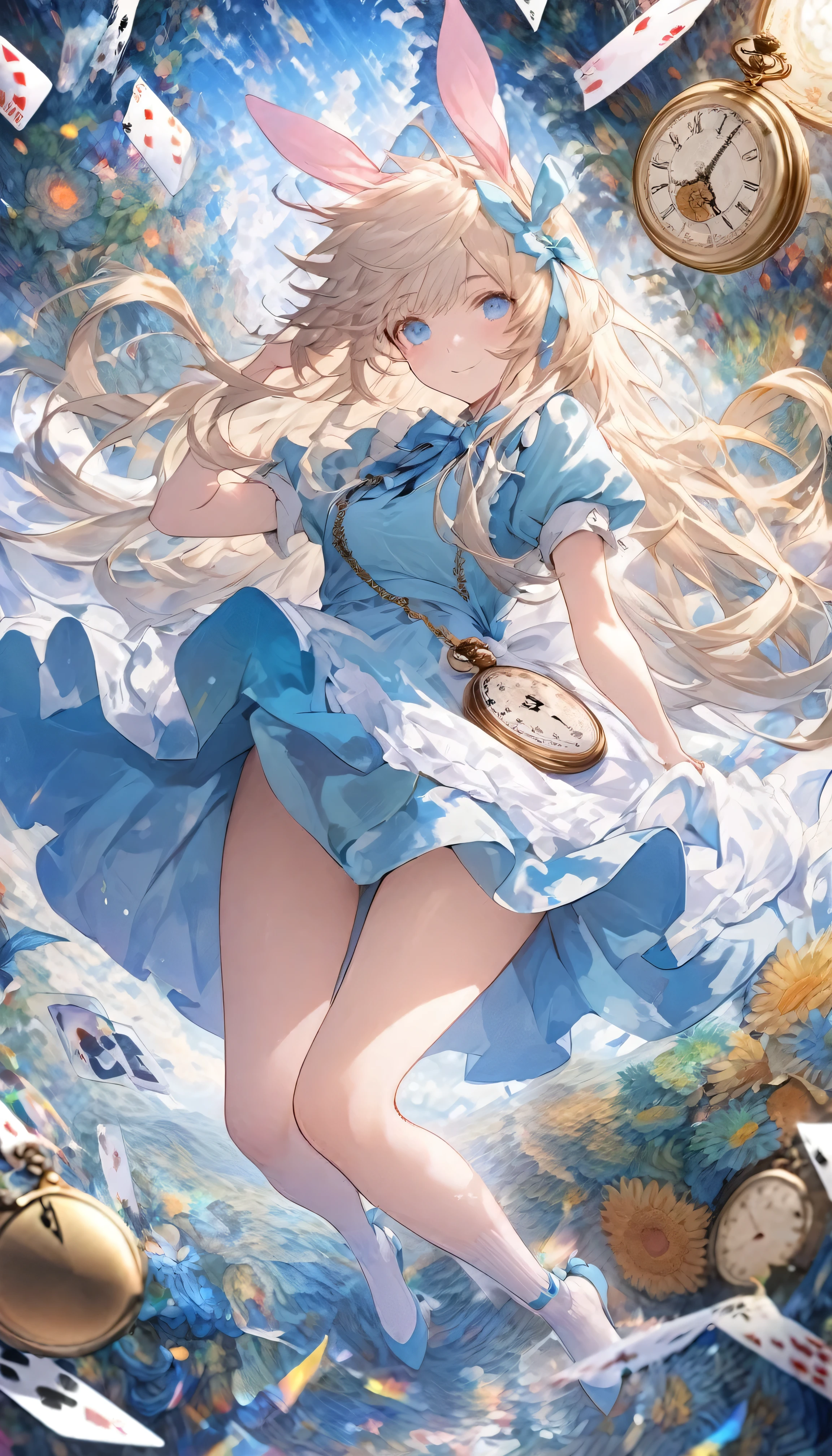 (masuter piece、top-quality、Mystical、Beautifully Aesthetic、Perfect human body balance、offcial art、Impresionismo、von gogh:1.2)、(1 girl in:1.3)、(Fractal Art:1.0)、shinny skin、patterns、(alice in the wonderland:1.2)、(PlayingCards、tea cup、pocket watch:1.3)、(Tie your hair with a ribbon、Blue Dress、a miniskirt、beauty legs、White Apron、white sock、platinum-blonde、Blue eyes)、Exotic wallpapers、highly colorful、Abstract background、Fantastical