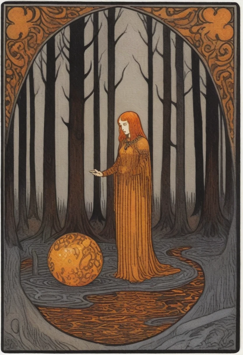 Dark Forest, dark amber and gray, ephemeral patterns, witchcore, cloisonnism, eleanor vere boyle, Ivan Bilibin Style page, lks73zb1, Inkdrawing, by Kr355e