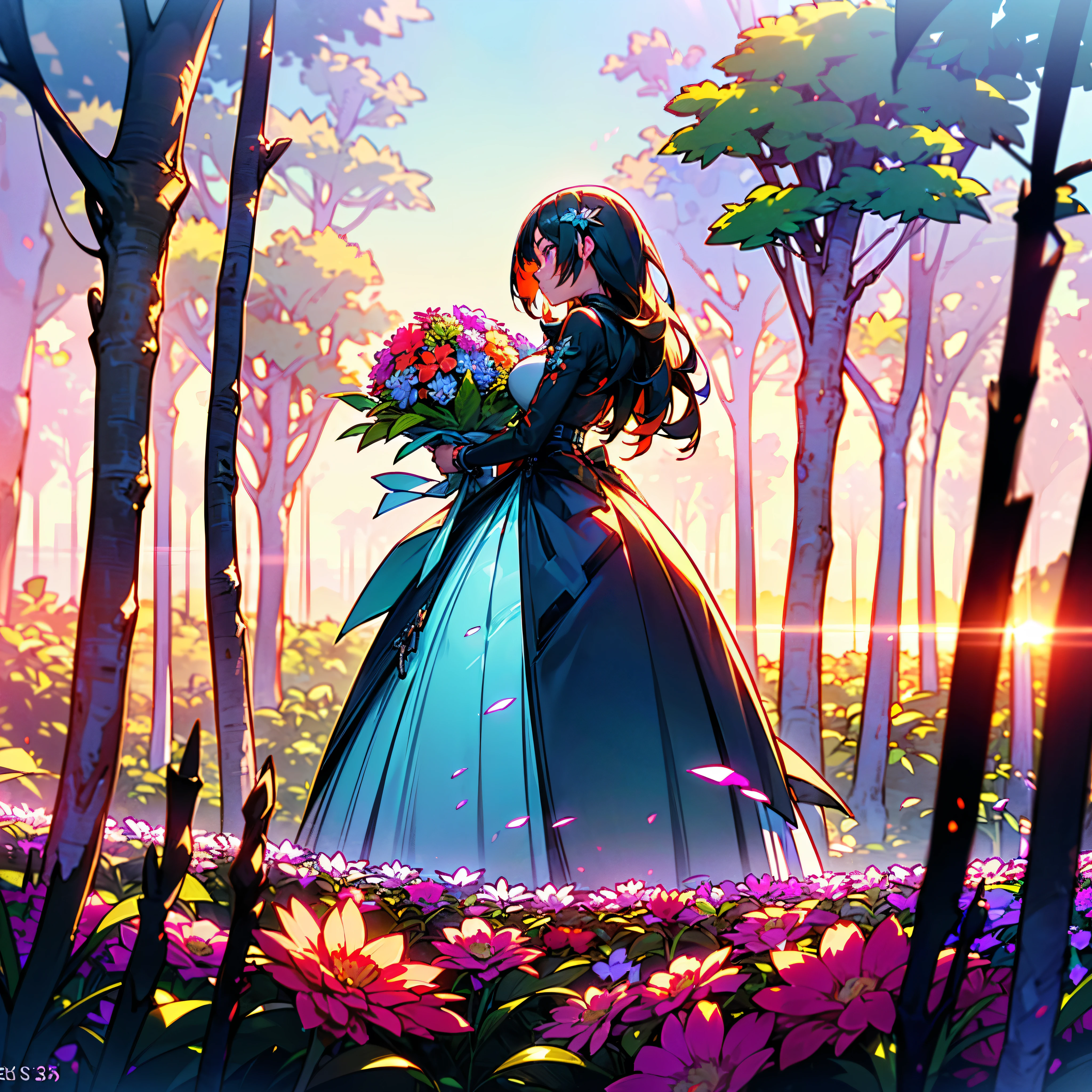 sunset, there is a female in a red and white flowers holding a bouquet, woman in flowers, picking flowers, holding flowers, picking up a flower, woman standing in flower field, woman standing in a flower field, flowers on heir cheeks, woman in a flower field, portrait of woman in flower field walking in forest, woman with a flower head. ((extremely wide shot:1.15)), a ultrarealistic on a bridge looking at a city in the distance in the background, ((back view)), ((full body)), magnificent scene, detailed environment, highly detailed environment deep path Equirectangular garden (((epic UnrealEngine5 Ultra tMasterpiece ultra_high-definition ultra Professional Photorealistic optimal ultra_sharp-focus max ultra_high-quality opengl-shaders symmetrical ultra_high-details accurate reflex ultra_high-resolution perfection volumetric Cinematic_Sunlight improved Octane_render XT3 DSLR 3dcg shadow, analogiques, extatiques, saturate, reflection))) dazzling Will-o'-the-wisp global luminescence, --v 6 --s 1000 --c 20 --q 5 --chaos100