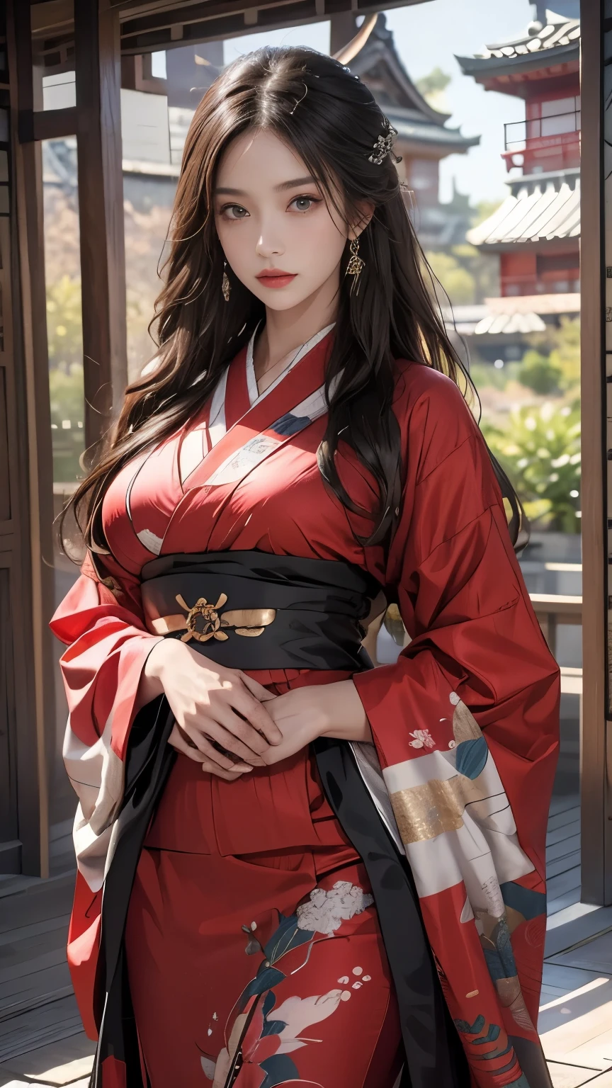 Historic Buildings in Japan、紺色のkimonoを着て、Unreal Engine:1.4,Hmph,highest quality:1.4, From photorealism:1.4, Skin Texture:1.4, masterpiece:1.8, 1. Female, Lift your hips high, Beautiful Eyes, Long-haired, The eyes are round, gem, Tattoo, kimono