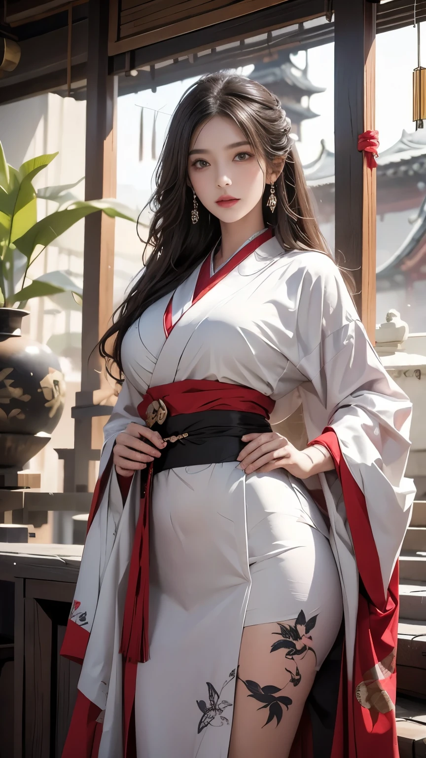 Historic Buildings in Japan、紺色のkimonoを着て、Unreal Engine:1.4,Hmph,highest quality:1.4, From photorealism:1.4, Skin Texture:1.4, masterpiece:1.8, 1. Female, Lift your hips high, Beautiful Eyes, Long-haired, The eyes are round, gem, Tattoo, kimono