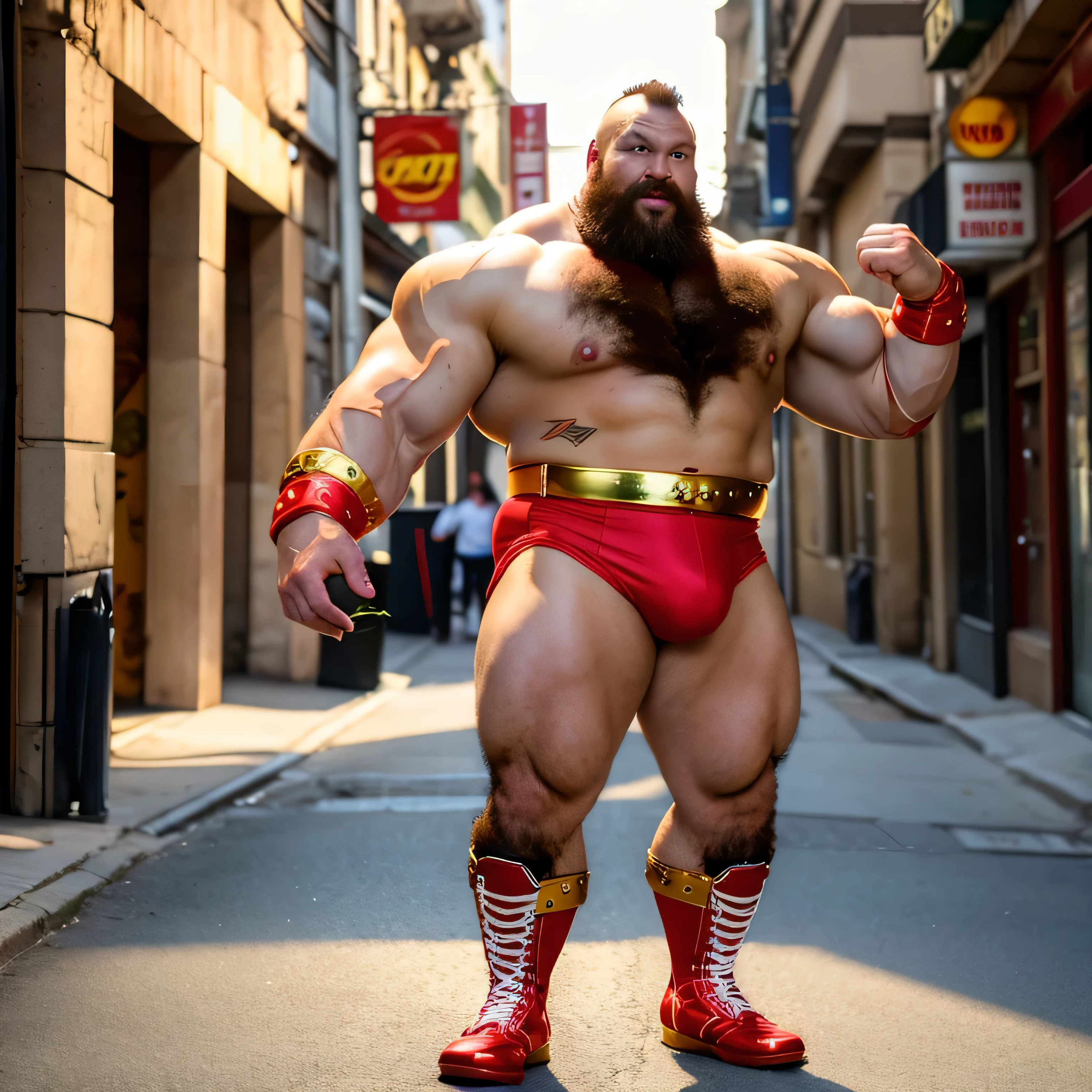 zangief,a man with a beard and a golden belt, fighting game character, street fighter 5,muscled humanoid,heavy looking,buff man,wrestler,Red short briefs,capcom,street fighter,shirtless,muscular male,chest hair,visually weighty,bearded man,mohawk hair,no wristband,Red Wrestling Boots,best quality 