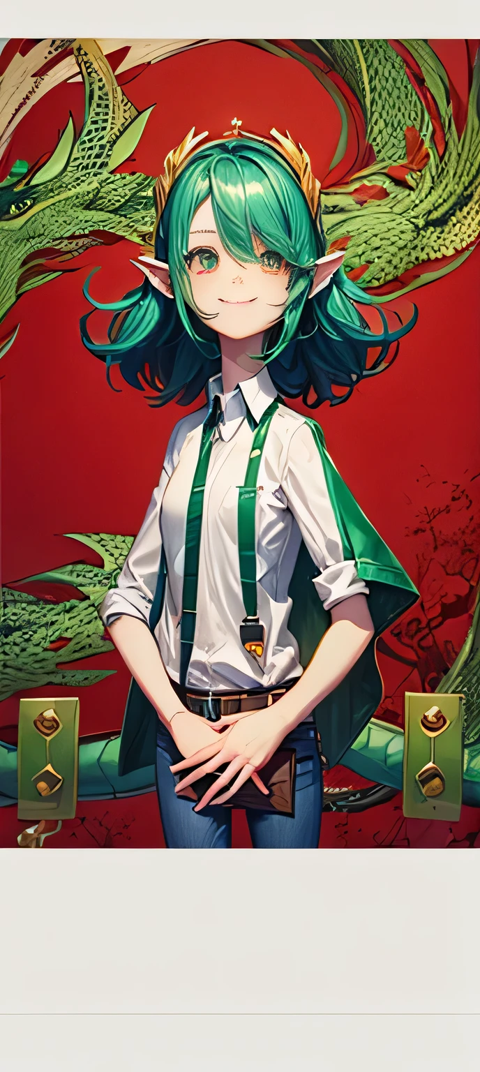 A red and green dragon, 1 dragon, dragon girl, jeans and jacket, cute dragon girl, smile