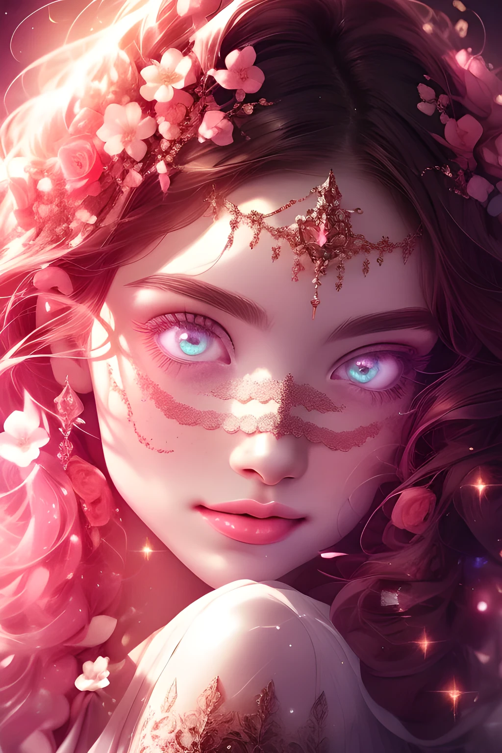 (This is a beautiful, intricate, (romatic) fantasy image that emphasizes beauty and grace.) Generate a blind curvy woman with soft natural freckles. Her face is important and should be (perfectly formed) with (beautiful puffy lips) and (perfect features). There is a cute freckle birthmark on her lip. The image exudes ethereal beauty and soft fantasy, with shimmering shades of pink throughout. Surround her with eternal roses in shimmering shades. Ensure perfection in her face, hair, and ((((eyes)))). Include sweet and detailed birds and soft, luminous flowers and detailed roses. Utilize dynamic composition and dramatic lighting and cinematic lighting to create an interesting fantasy image. The background of the image is interesting and ultra-detailed, with soft fantasy lighting and gradients. Include fantasy details, cute aura, colorful, colourful, and interesting magical background. The image's background is decorated in shades of pink, shimmer, glitter, and fantasy details like colored bubbles and cosmos. Include subtle freckles, natural freckles and a diffused realistic skin tone. Incorporate elements of high fantasy, whimsy, and detailed elegance. English rose, princess, courtesan, noblewoman, sweet, lovely, calm, lovely, shimmering, glimmering, glittering, astrological fantasy, (((masterpiece))), (highest quality), magic rose, fantasy garden, beautiful face, perfect face, puffy lips, interesting, shy smile, fantasy elements, magic rose, beautiful eyes, perfect puffy lips, jewel tones, luminosity. Taken with a canon camera.