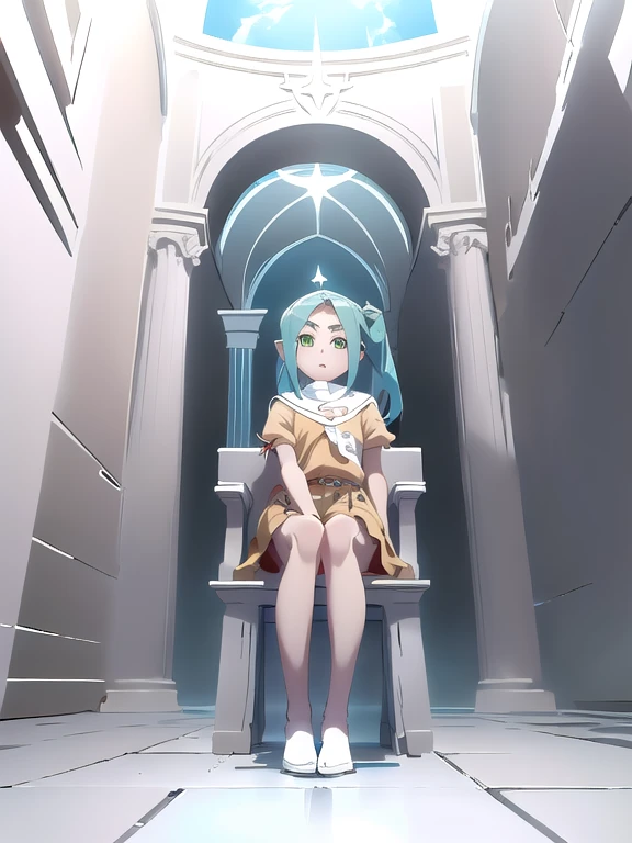(obra maestra, mejor calidad, detallado), 1 chica, solo, ononokiyotsugi, pelo aguamarina, cabello corto, ojos verdes, dos colas, cejas gruesas, mirando al espectador,
neotechnological, pulcro, adentro, trono room, trono, pillar, bandera, oro, Pared de piedra, session, piernas cruzadas, inexpresivo