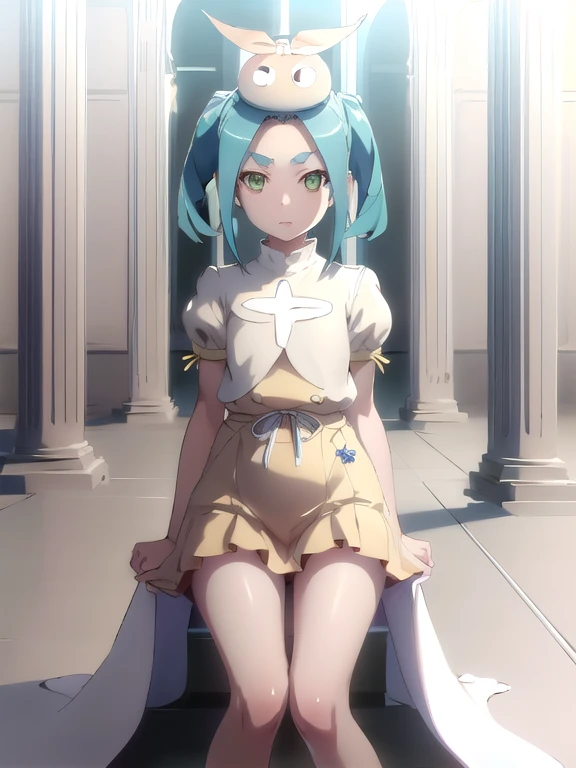 (obra maestra, mejor calidad, detallado), 1 chica, solo, ononokiyotsugi, pelo aguamarina, cabello corto, ojos verdes, dos colas, cejas gruesas, mirando al espectador, 
neotechnological, pulcro, adentro, trono room, trono, pillar, bandera, oro, Pared de piedra, session, piernas cruzadas, inexpresivo