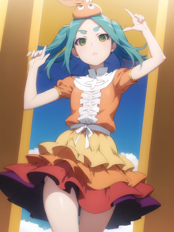 (mejor calidad, obra maestra:1.2), ultra detallado, 1 chica, ononoki yotsugi, pelo aguamarina, cabello corto, ojos verdes, dos colas, inexpresivo, boca cerrada,
pantimedias a rayas, pantimedias azules y grises, vestido, orange vestido, cuello de tortuga blanco, volantes blancos, tiene, mangas hinchadas, mangas cortas,
de pie, tiro de vaquero,