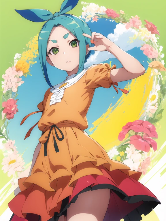 (mejor calidad, obra maestra:1.2), ultra detallado, 1 chica, ononoki yotsugi, pelo aguamarina, cabello corto, ojos verdes, dos colas, inexpresivo, boca cerrada,
pantimedias a rayas, pantimedias azules y grises, vestido, orange vestido, cuello de tortuga blanco, volantes blancos, tiene, mangas hinchadas, mangas cortas,
de pie, tiro de vaquero,